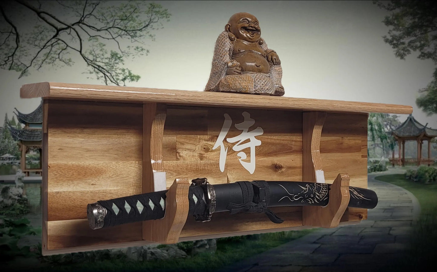 Walker Wood Gifts Traditional Cabin Acacia Wall Shelf Display Samurai Wakizashi or Tanto Dojo Collectors Gift