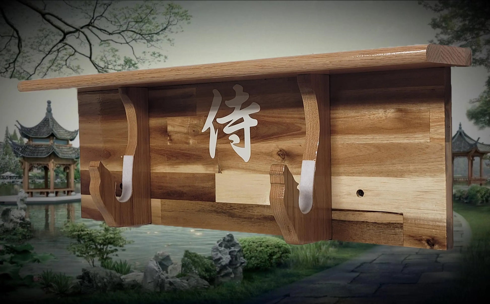 Walker Wood Gifts Traditional Cabin Acacia Wall Shelf Display Samurai Wakizashi or Tanto Dojo Collectors Gift