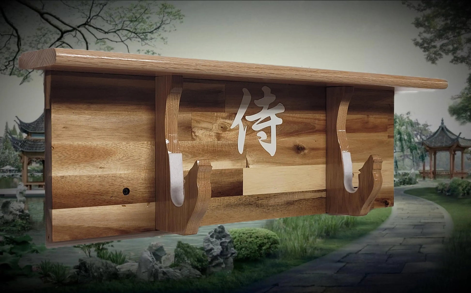 Walker Wood Gifts Traditional Cabin Acacia Wall Shelf Display Samurai Wakizashi or Tanto Dojo Collectors Gift
