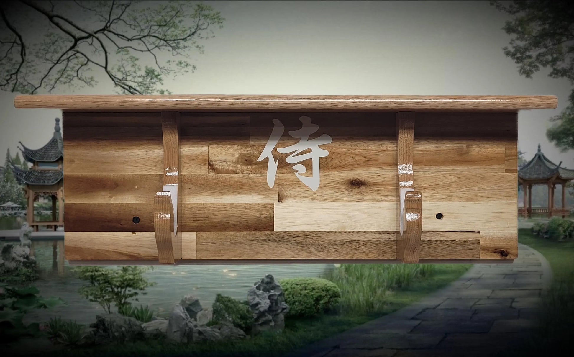 Walker Wood Gifts Traditional Cabin Acacia Wall Shelf Display Samurai Wakizashi or Tanto Dojo Collectors Gift