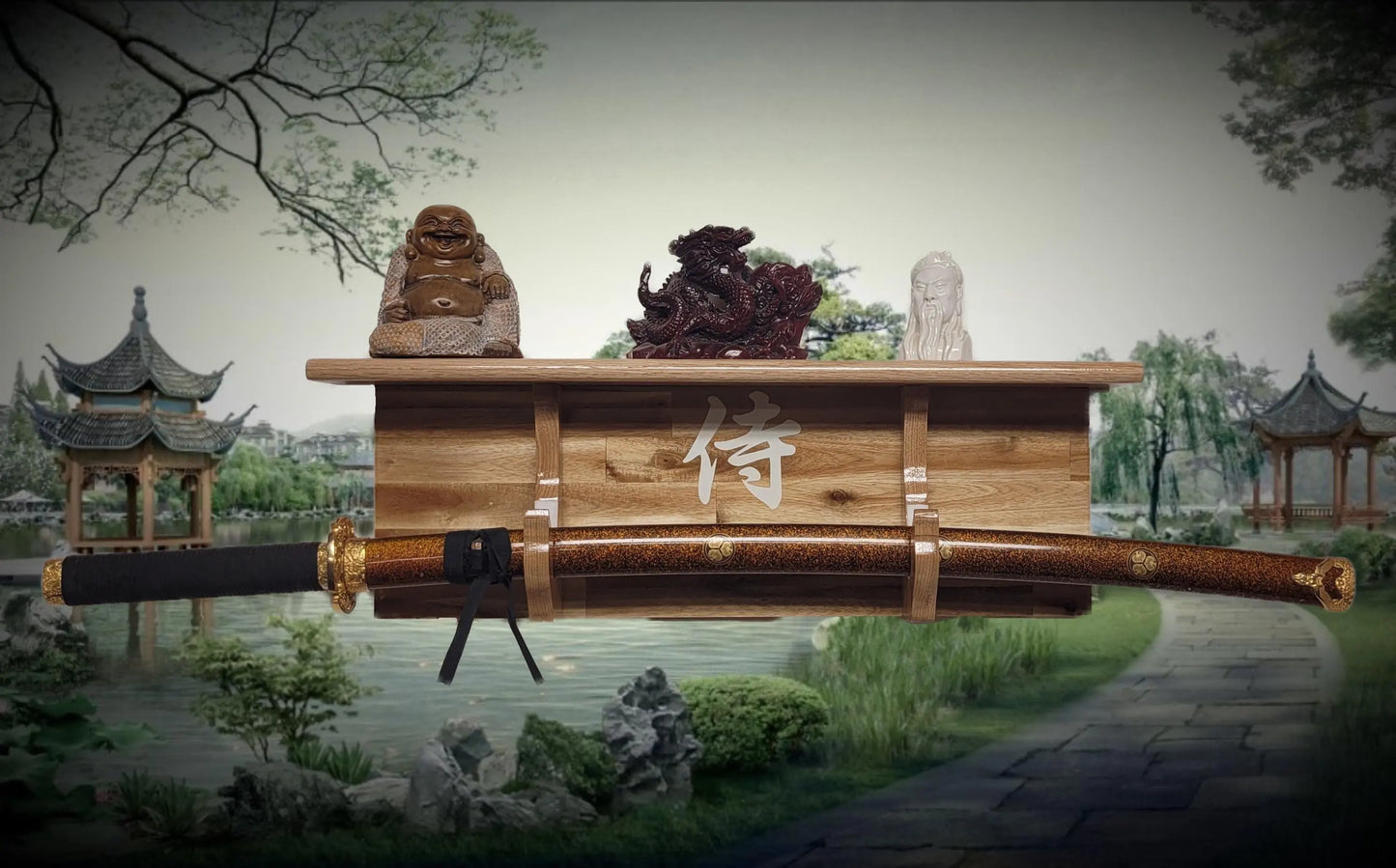 Walker Wood Gifts Traditional Cabin Acacia Wall Shelf Display Samurai Wakizashi or Tanto Dojo Collectors Gift
