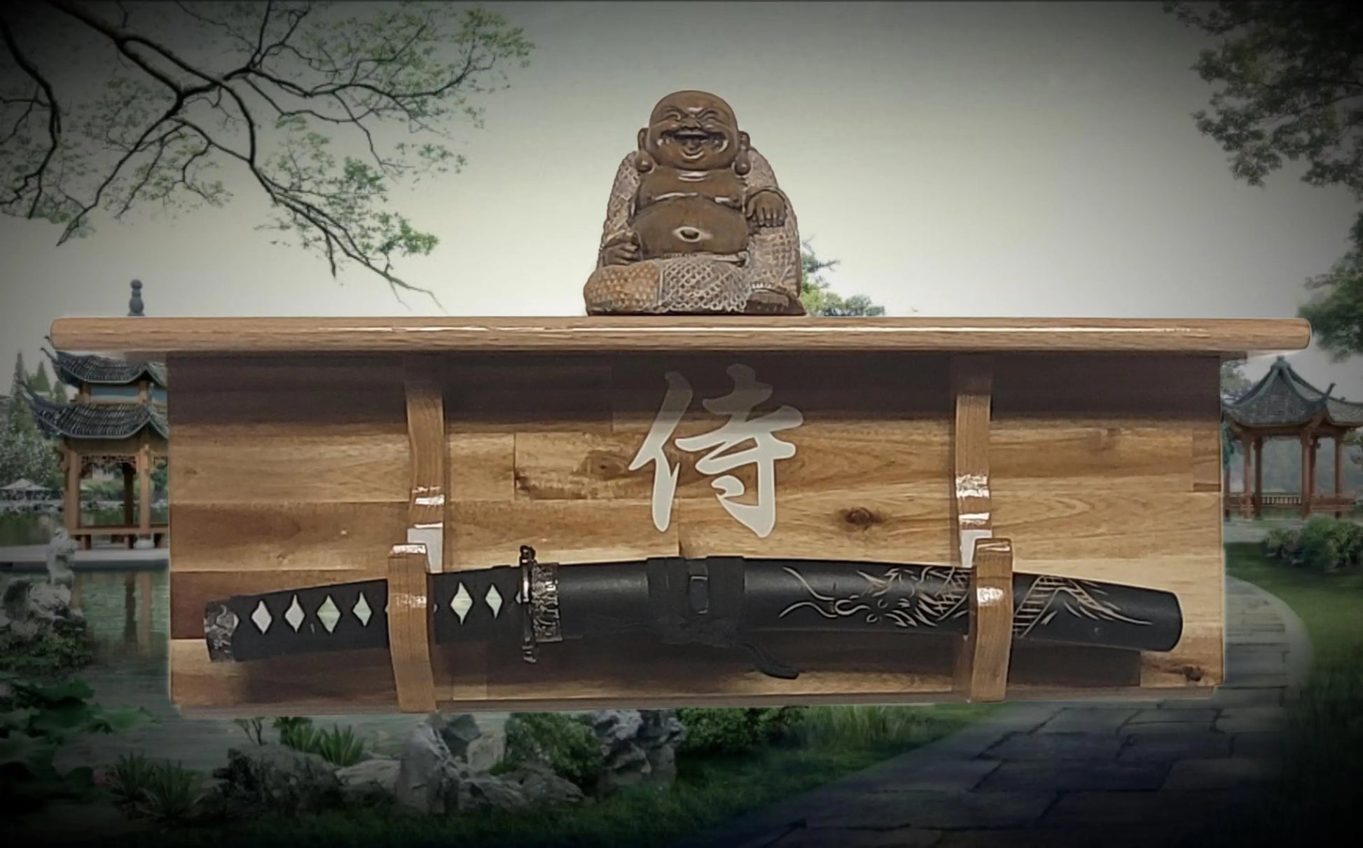 Walker Wood Gifts Traditional Cabin Acacia Wall Shelf Display Samurai Wakizashi or Tanto Dojo Collectors Gift