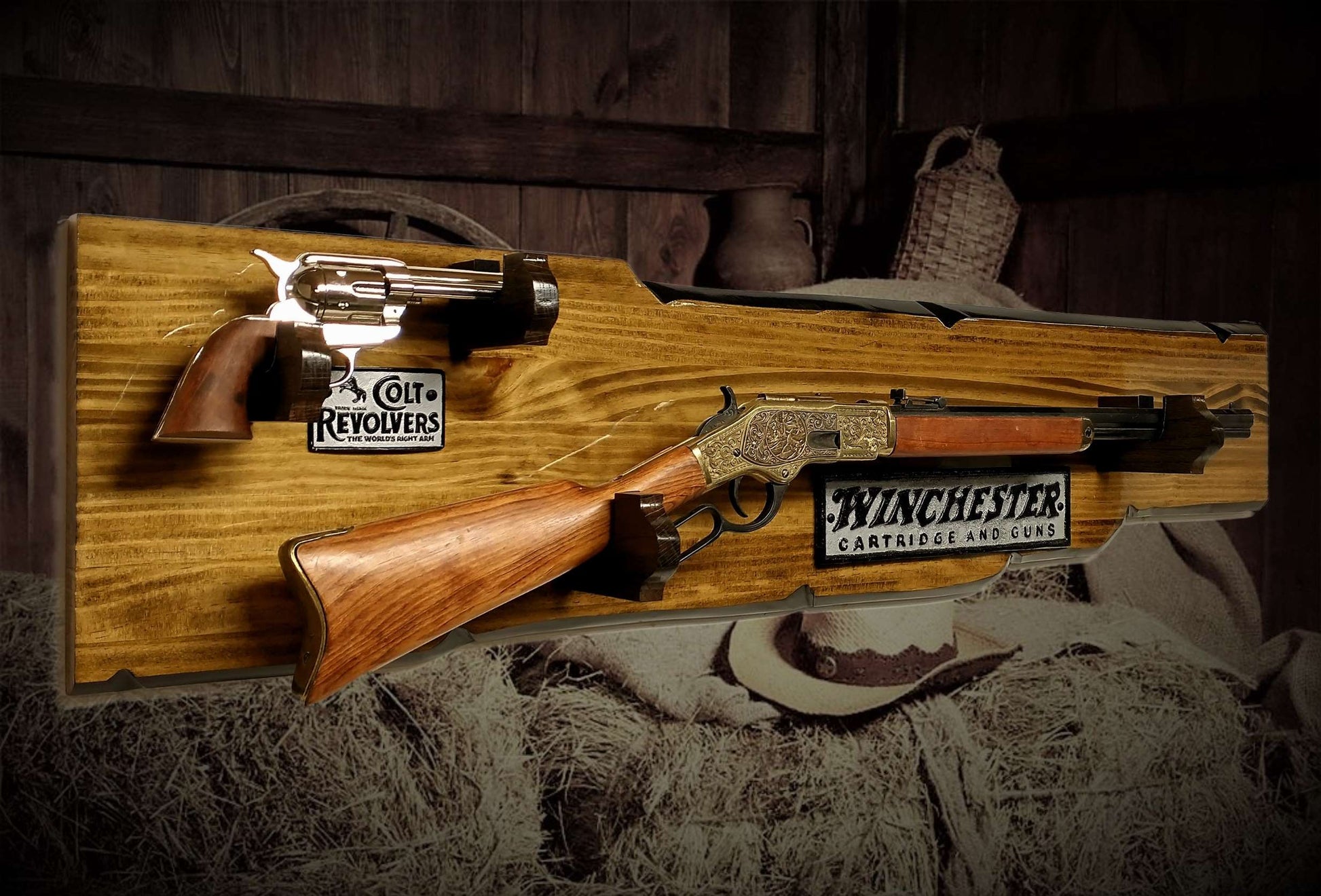 Walker Wood Gifts UNIQUE Winchester Lever Action Rifle/Colt Pistol Display 2 Place gun Rack