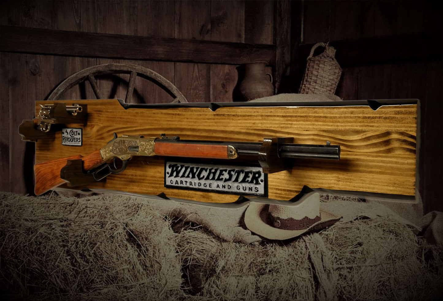 Walker Wood Gifts UNIQUE Winchester Lever Action Rifle/Colt Pistol Display 2 Place gun Rack Collector Gift