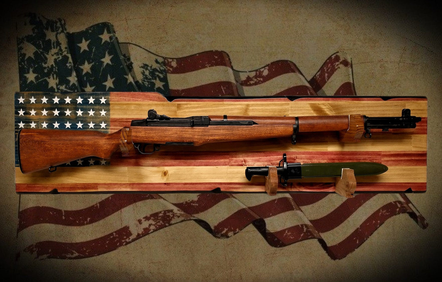 Walker Wood Gifts Vintage Rustic 48 Star Flag M1 Garand Rifle and Bayonet Wall Display Patriot Soldier American Decor Collectors Gift