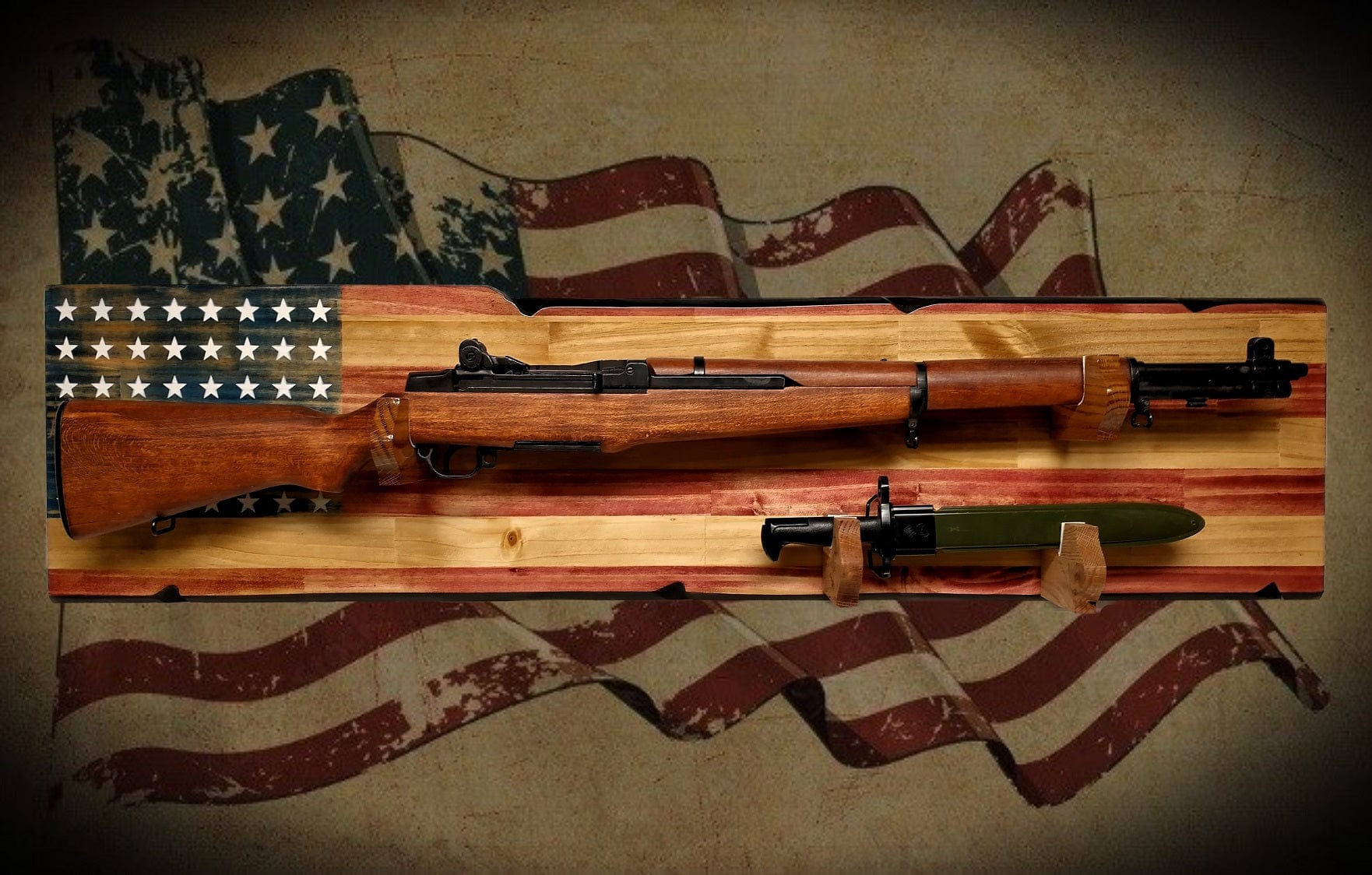 Walker Wood Gifts Vintage Rustic 48 Star Flag M1 Garand Rifle and Bayonet Wall Display Patriot Soldier American Decor Collectors Gift