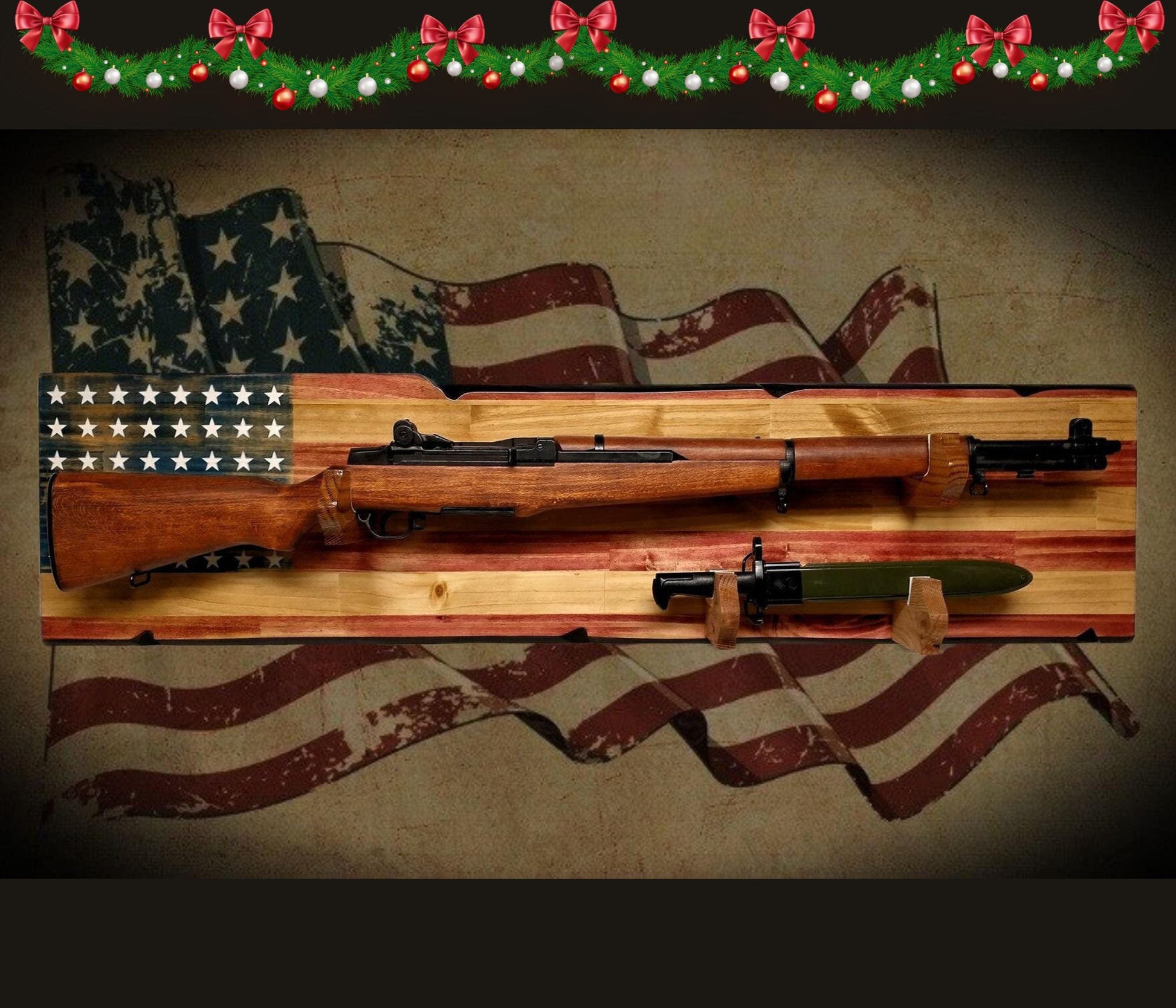 Walker Wood Gifts Vintage Rustic 48 Star Flag M1 Garand Rifle and Bayonet Wall Display Patriot Soldier American Decor Collectors Gift