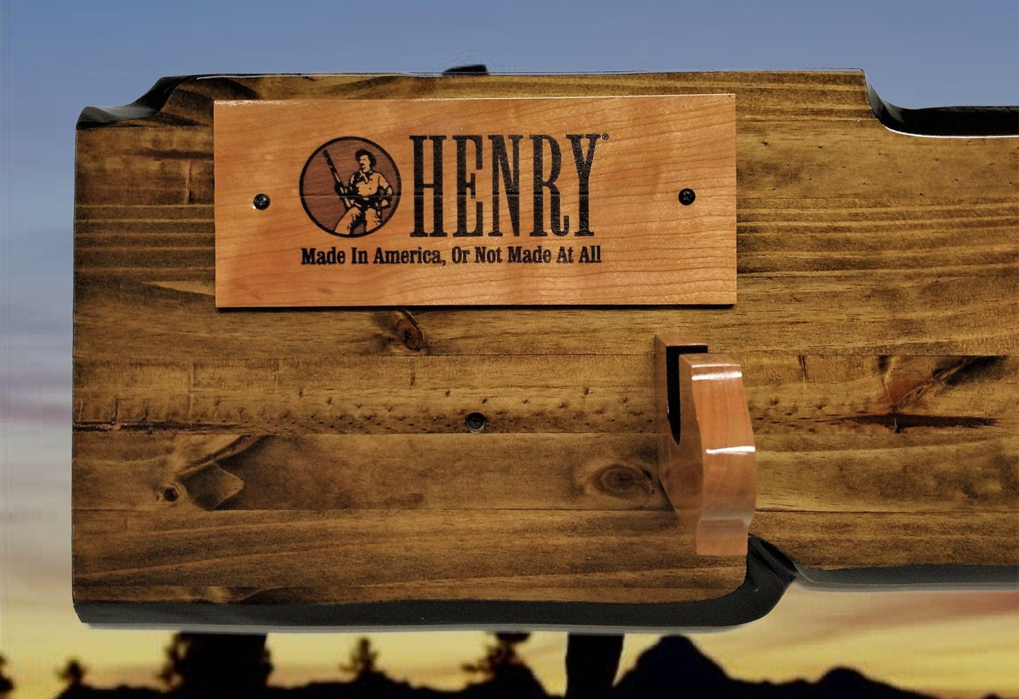walkerwoodgifts Copy of Rustic Knotty Pine Lever Action Henry Faux Live Edge Display with Knife Holder Cabin Décor Collectors Gift