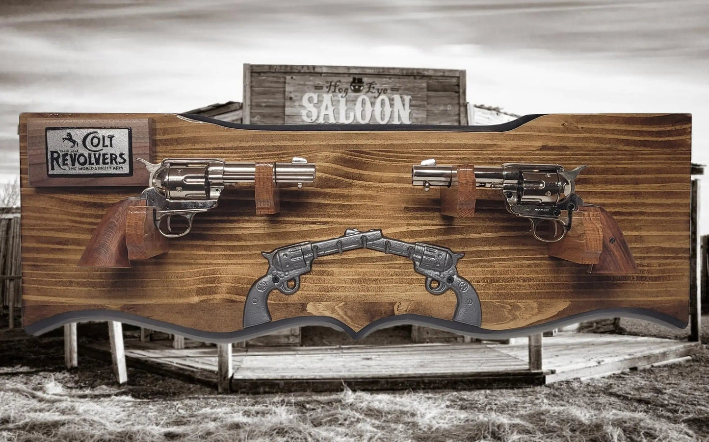 walkerwoodgifts Gun Display Rustic Faux Live Edge Double Colt PeaceMaker Pistol Wall Display Key Colt Gift