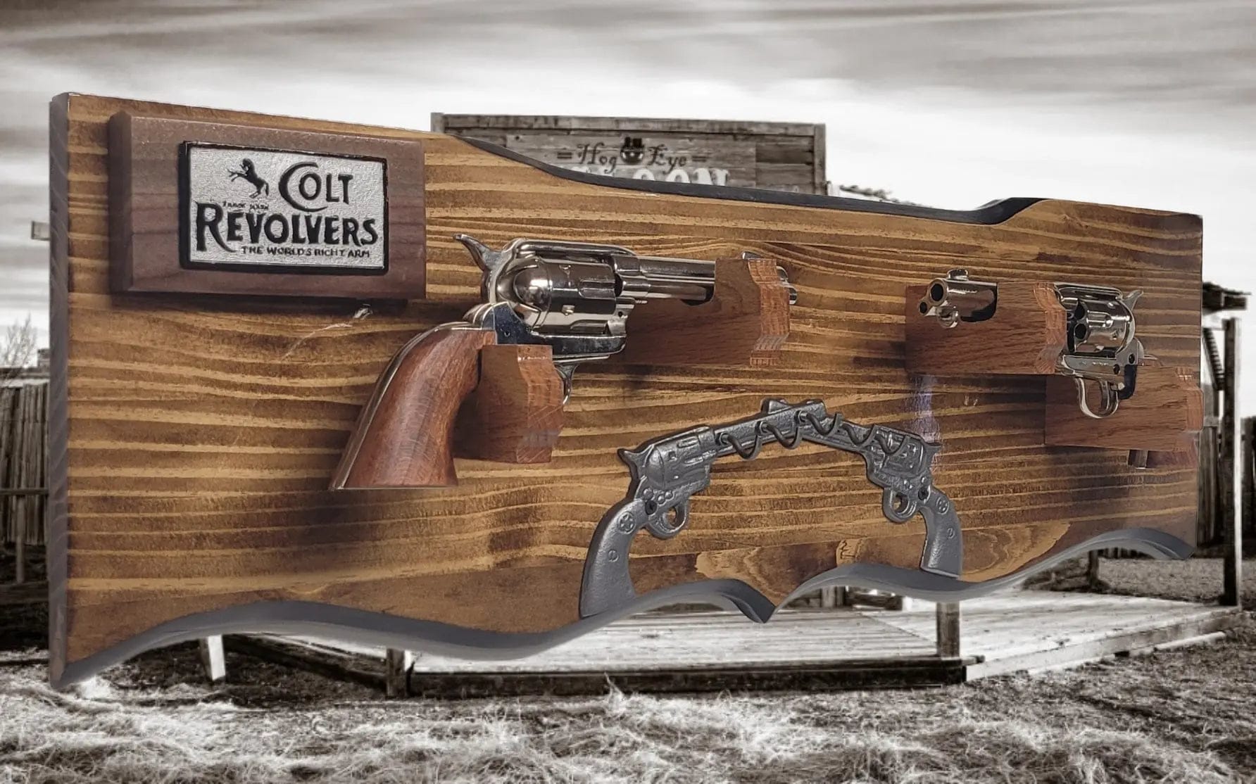 walkerwoodgifts Gun Display Rustic Faux Live Edge Double Colt PeaceMaker Pistol Wall Display Key Colt Gift