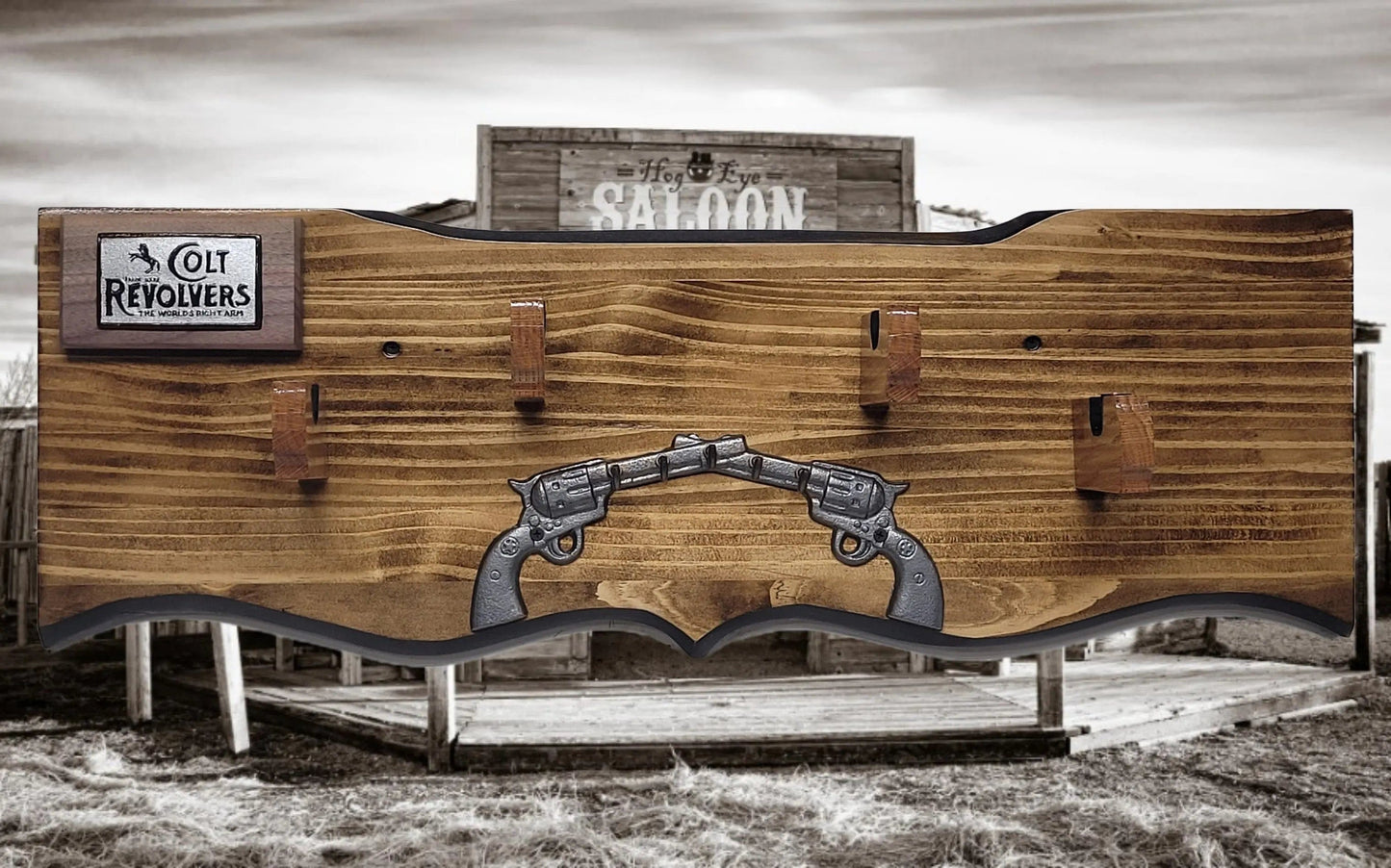 walkerwoodgifts Gun Display Rustic Faux Live Edge Double Colt PeaceMaker Pistol Wall Display Key Colt Gift