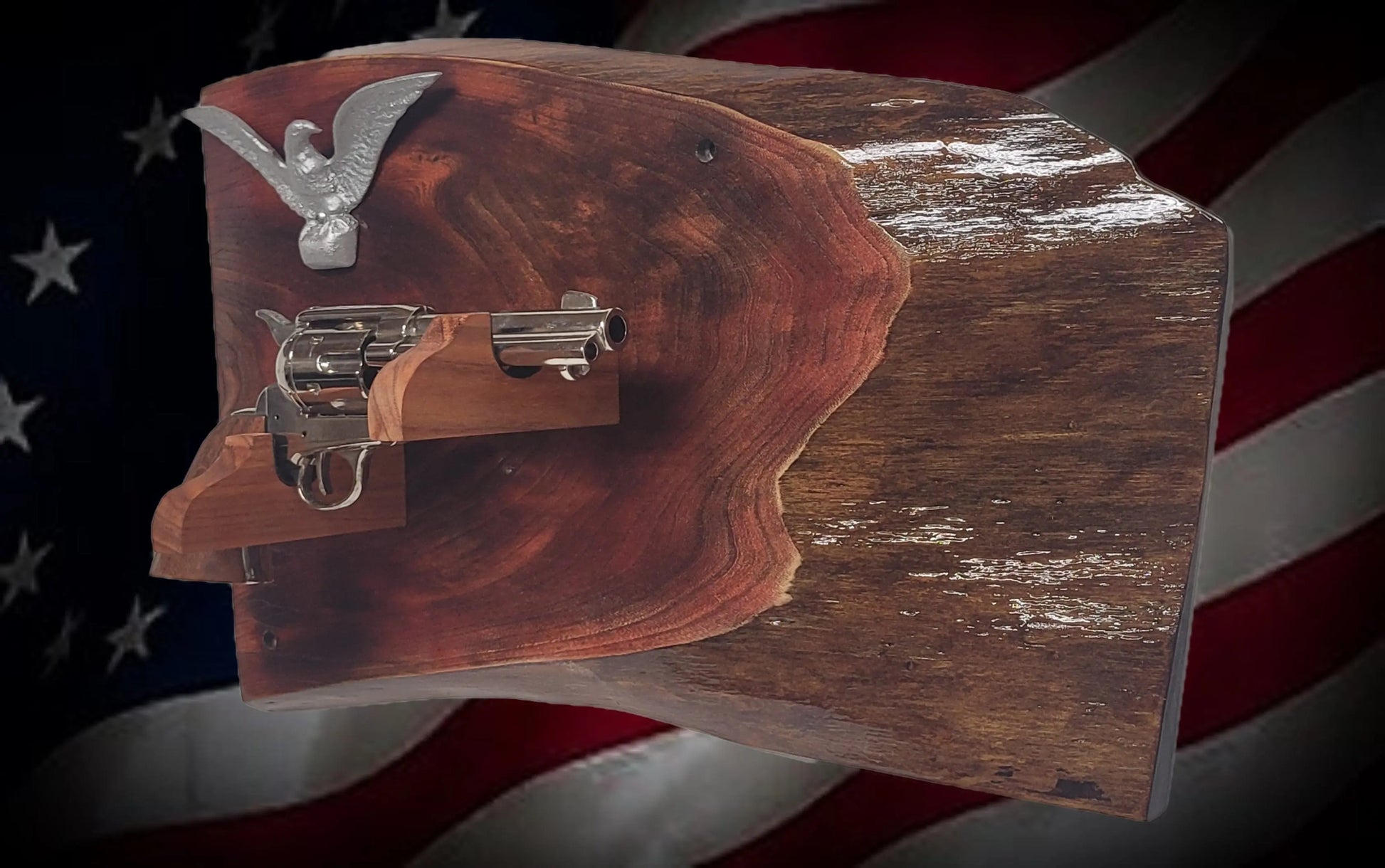 walkerwoodgifts Gun Display Rustic Live Edge Maple Padauk Colt PeaceMaker Pistol Eagle Wall Display Collectors Gift