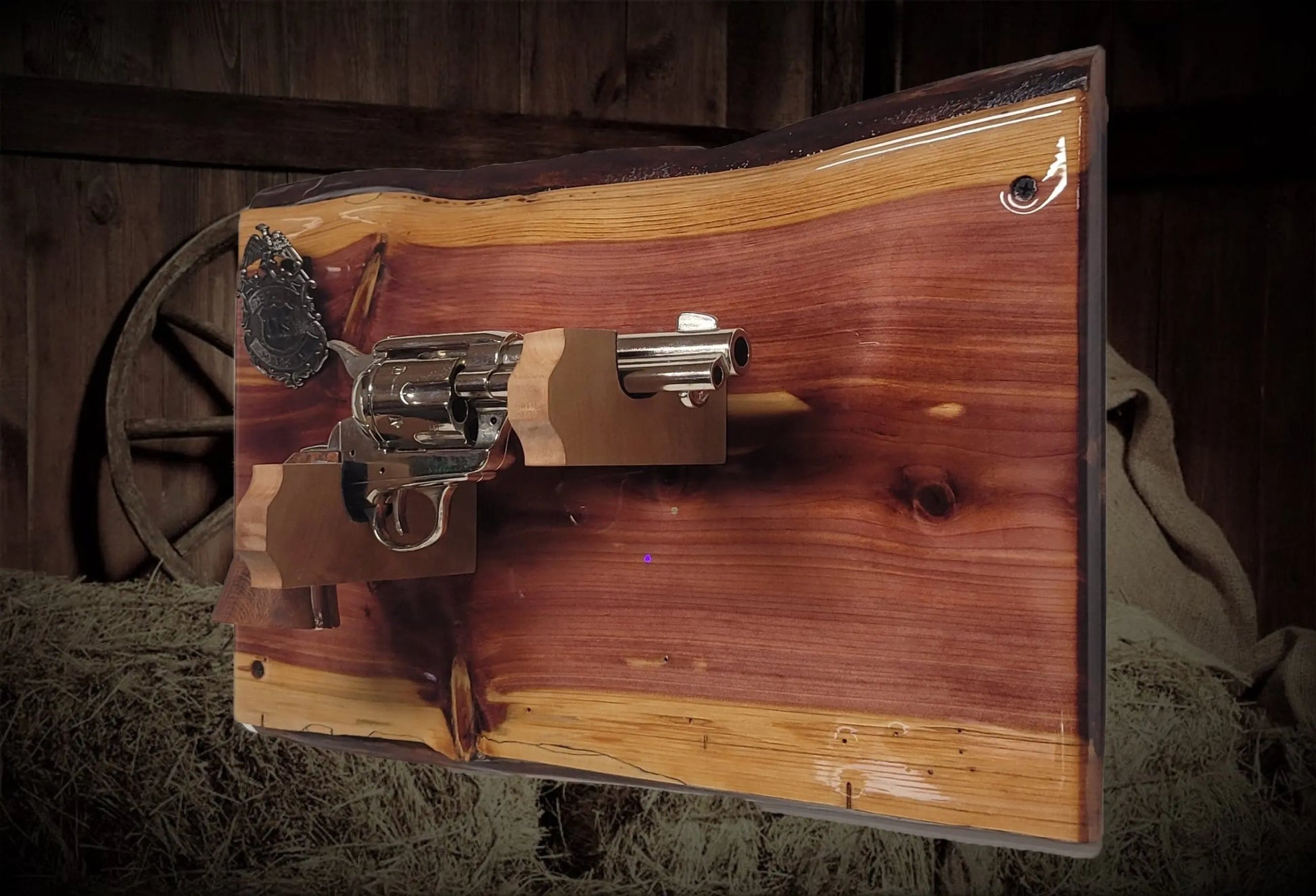 walkerwoodgifts Gun Display Rustic Live Edge Red Cedar Colt PeaceMaker Pistol Marshal Badge Wall Display Gift
