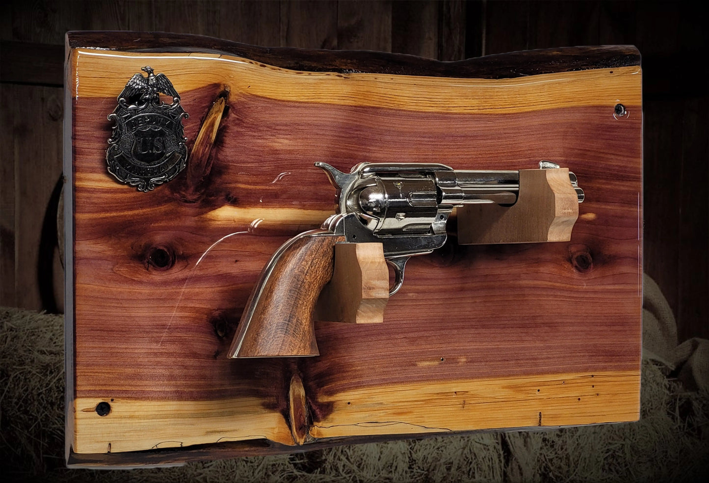 walkerwoodgifts Gun Display Rustic Live Edge Red Cedar Colt PeaceMaker Pistol Marshal Badge Wall Display Gift