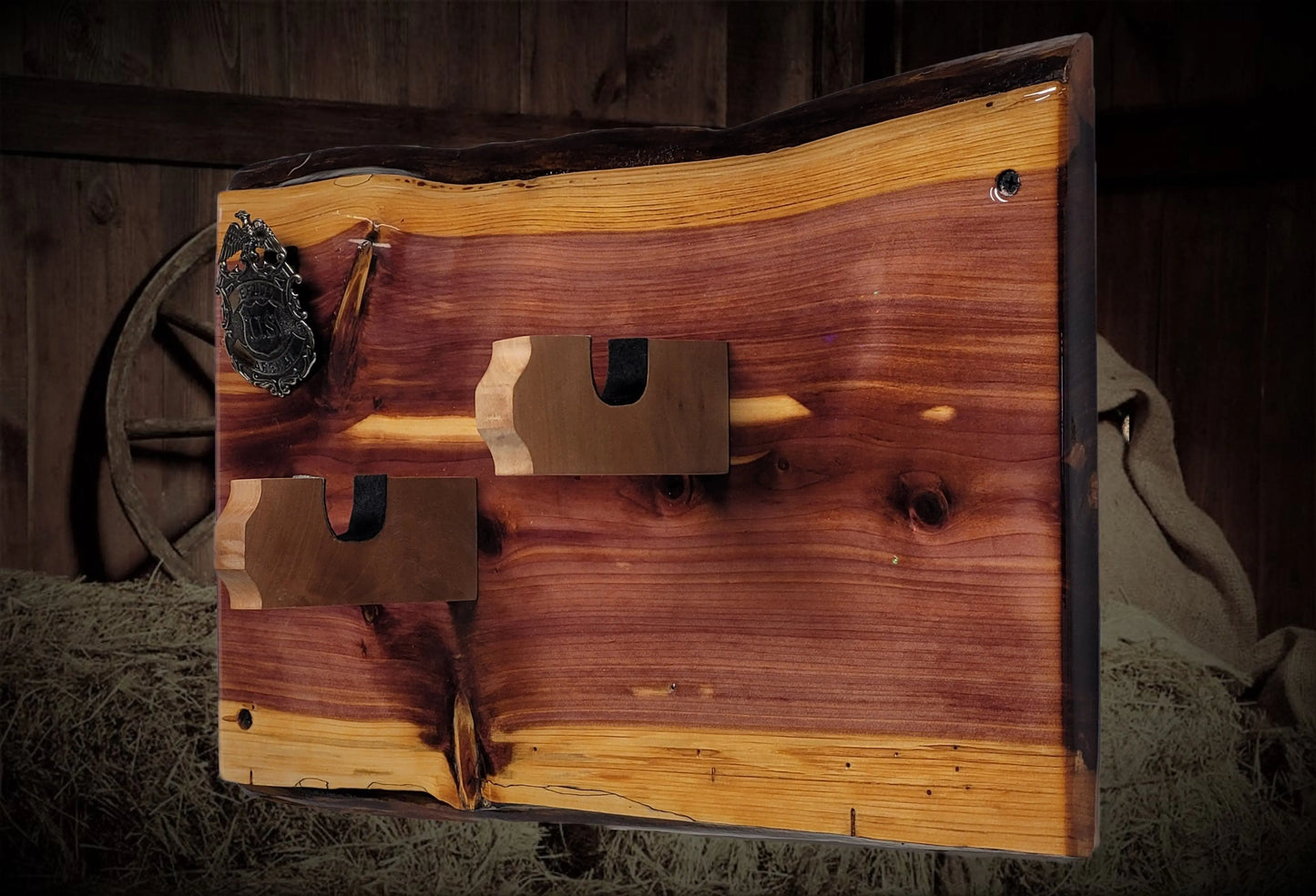 walkerwoodgifts Gun Display Rustic Live Edge Red Cedar Colt PeaceMaker Pistol Marshal Badge Wall Display Gift