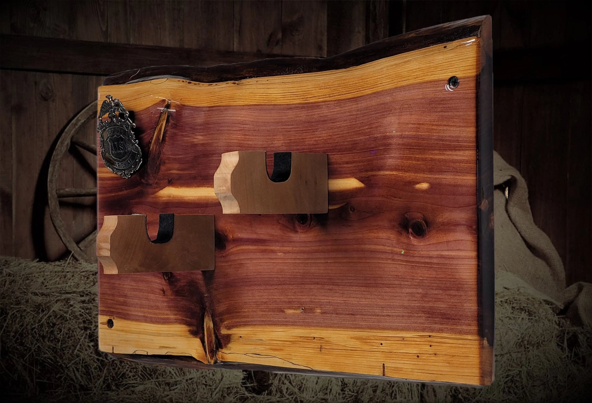 walkerwoodgifts Gun Display Rustic Live Edge Red Cedar Colt PeaceMaker Pistol Marshal Badge Wall Display Gift