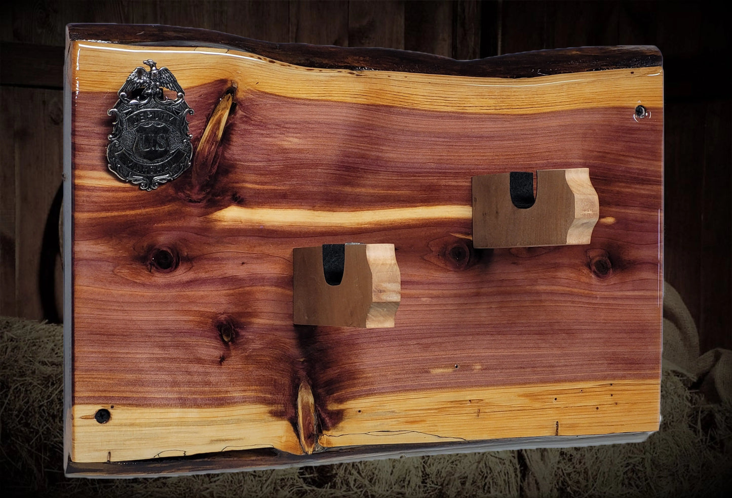 walkerwoodgifts Gun Display Rustic Live Edge Red Cedar Colt PeaceMaker Pistol Marshal Badge Wall Display Gift
