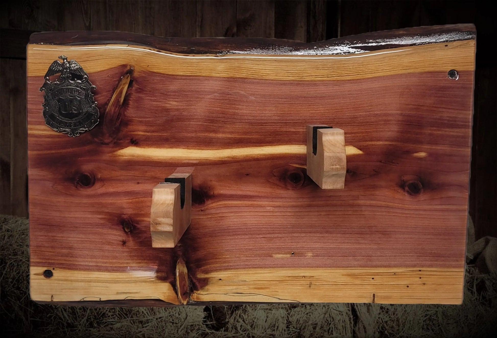 walkerwoodgifts Gun Display Rustic Live Edge Red Cedar Colt PeaceMaker Pistol Marshal Badge Wall Display Gift