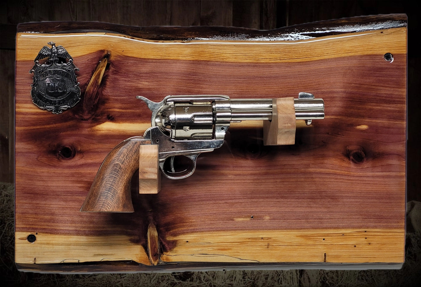 walkerwoodgifts Gun Display Rustic Live Edge Red Cedar Colt PeaceMaker Pistol Marshal Badge Wall Display Gift