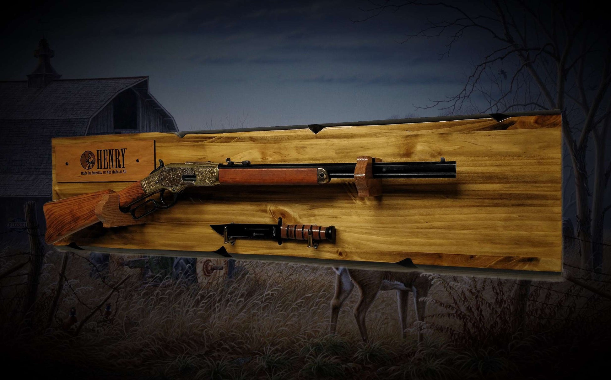 walkerwoodgifts gun rack Rustic Gun Rack Display For Henry Lever Action Rifle Imitation Live Edge Bullet Hangers Cabin Décor Collectors Gift