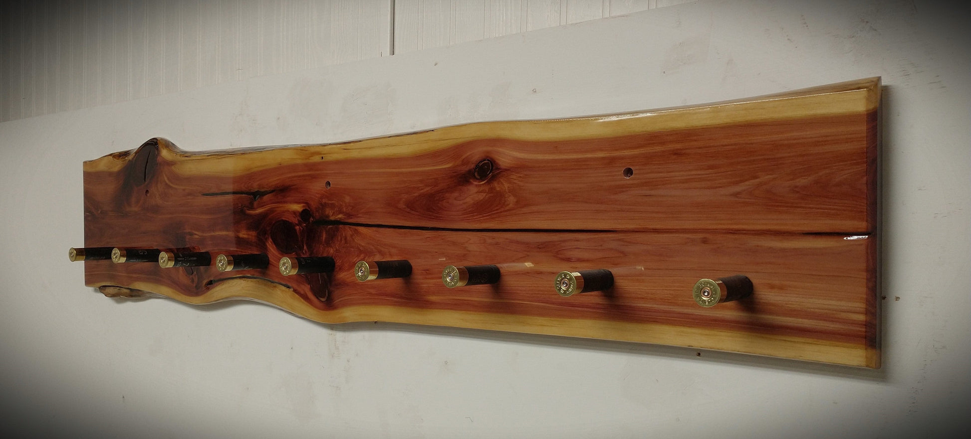 walkerwoodgifts Hat & Coat Rack Live Edge Knotty Red Cedar Hat Coat Rack Black Shotgun Shell Pegs Special Request