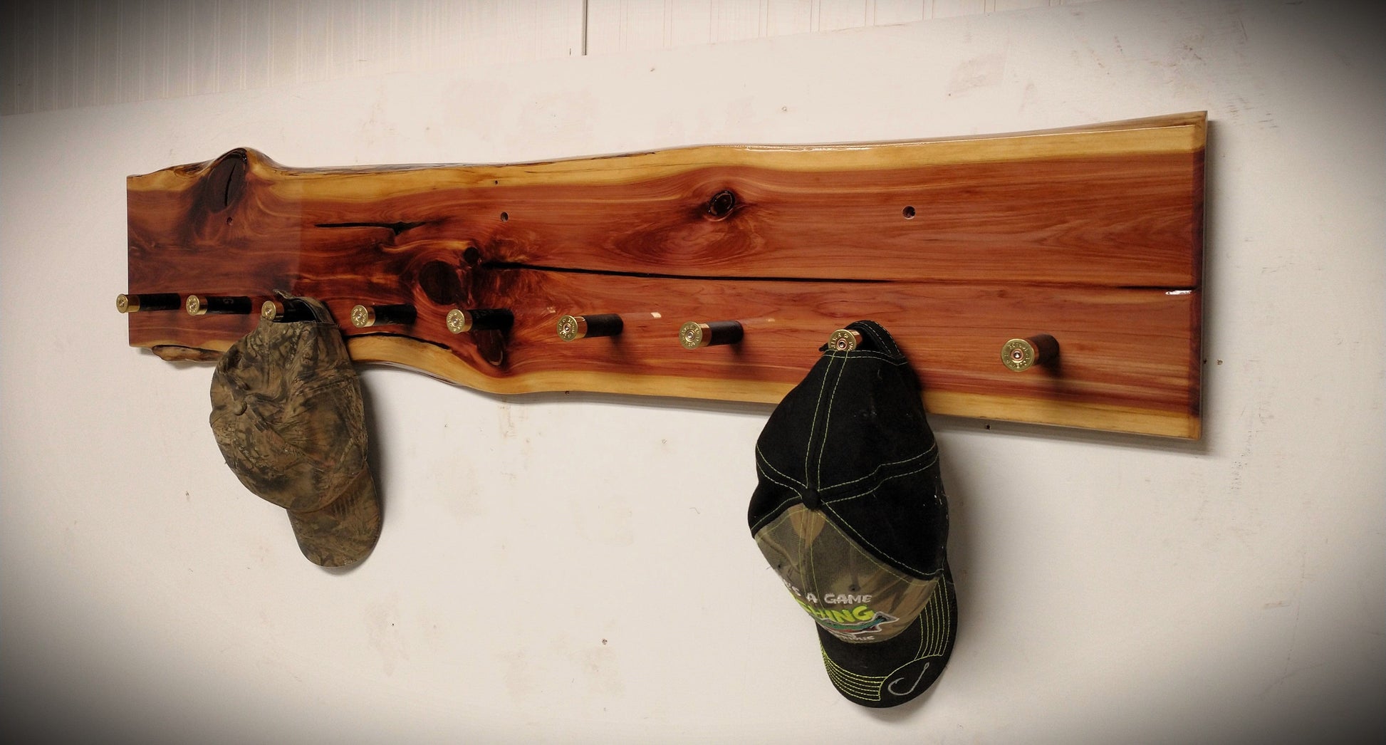 walkerwoodgifts Hat & Coat Rack Live Edge Knotty Red Cedar Hat Coat Rack Black Shotgun Shell Pegs Special Request