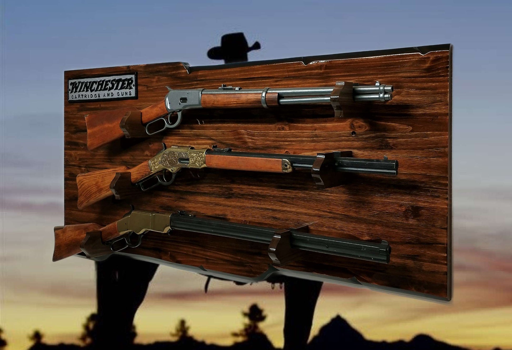 walkerwoodgifts Home & Garden Rustic 3 Place Lever Action Gun Display Winchester Plaque Bullet Style Gun Holders