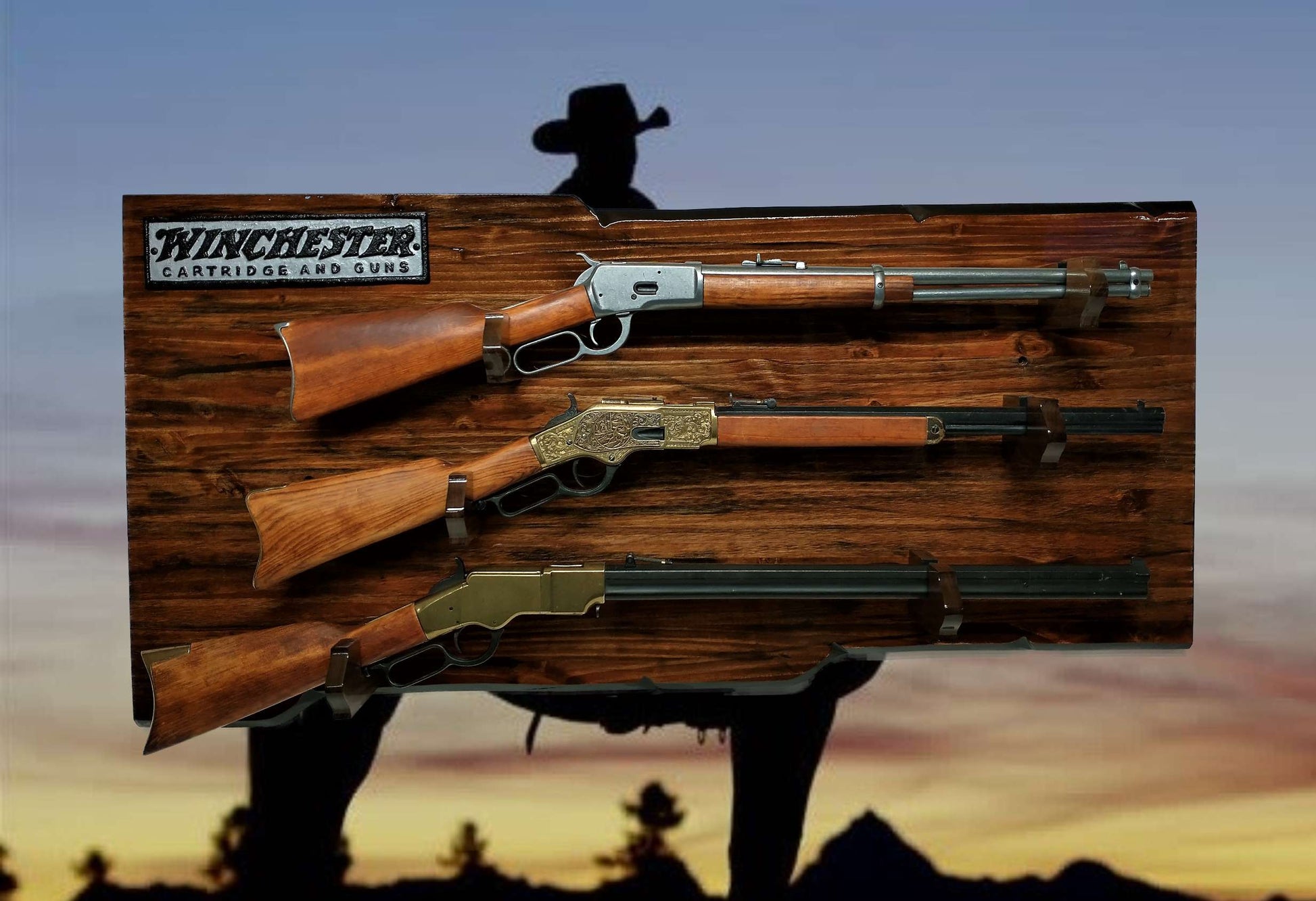 walkerwoodgifts Home & Garden Rustic 3 Place Lever Action Gun Display Winchester Plaque Bullet Style Gun Holders
