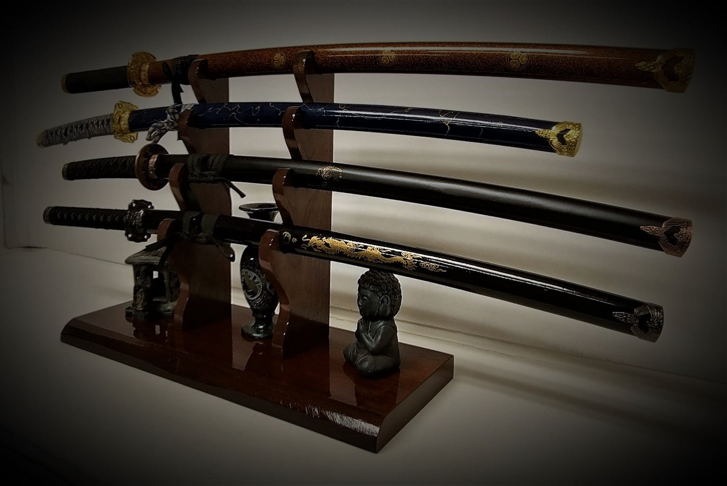 walkerwoodgifts Home & Garden Rustic 4 Tier Katana Sword Stand Solid Teak Base Wakizashi Tanto Mantel Desk Top Vintage Display Japanese Décor Gift Free Shipping