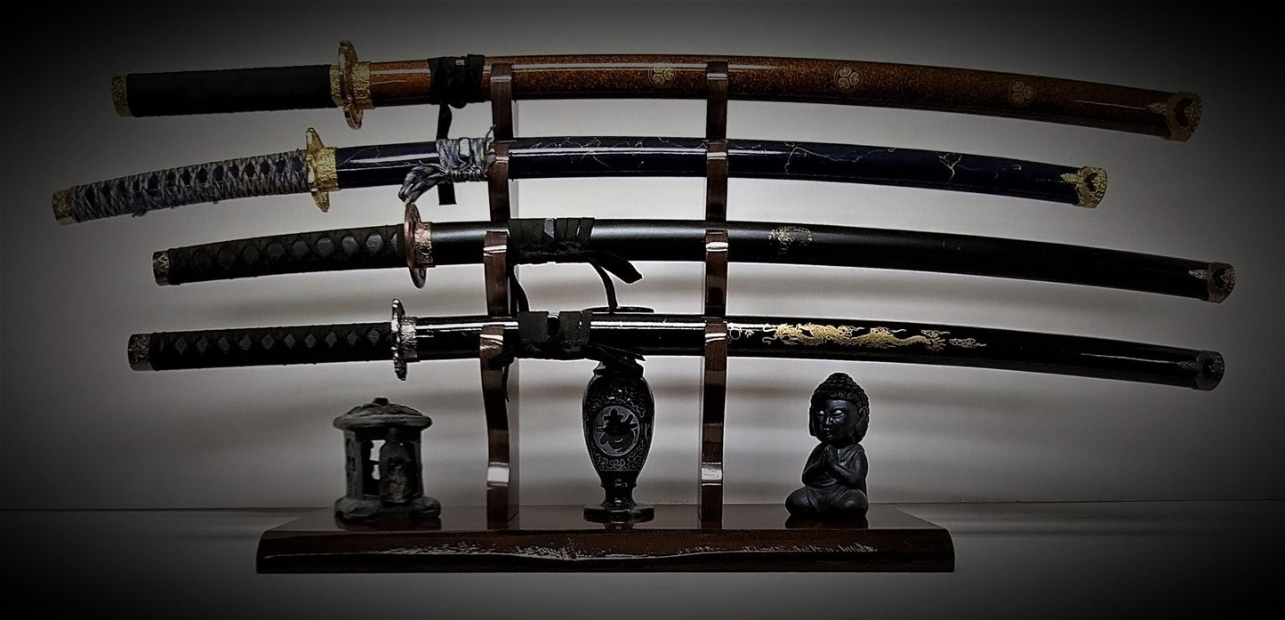 walkerwoodgifts Home & Garden Rustic 4 Tier Katana Sword Stand Solid Teak Base Wakizashi Tanto Mantel Desk Top Vintage Display Japanese Décor Gift Free Shipping