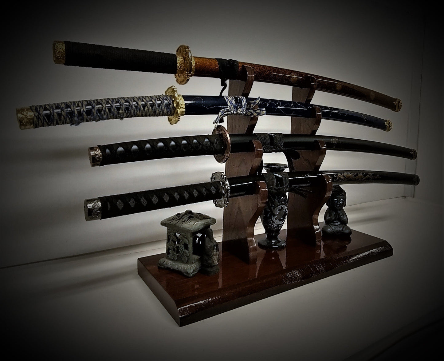 walkerwoodgifts Home & Garden Rustic 4 Tier Katana Sword Stand Solid Teak Base Wakizashi Tanto Mantel Desk Top Vintage Display Japanese Décor Gift Free Shipping