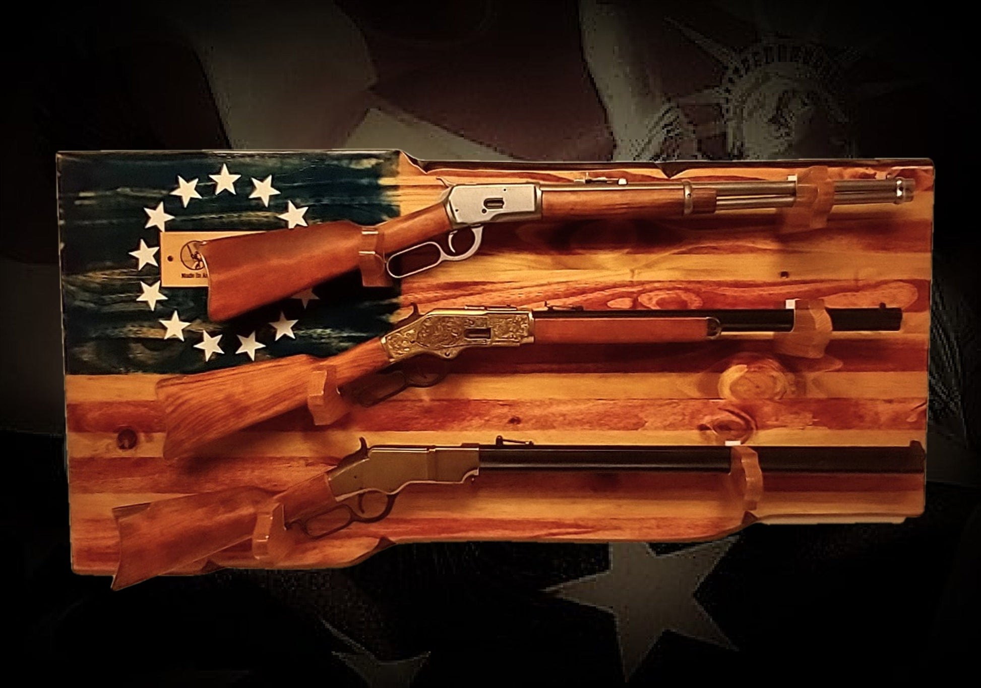 walkerwoodgifts Home & Garden Rustic Henry 13 Stars and Stripes Display 3 Place Lever Action Rifles Wood Henry Plaque Great Gift!