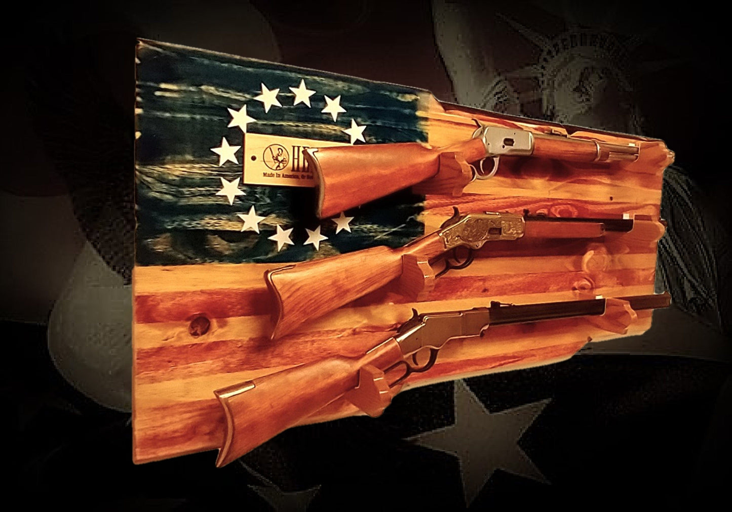 walkerwoodgifts Home & Garden Rustic Henry 13 Stars and Stripes Display 3 Place Lever Action Rifles Wood Henry Plaque Great Gift!