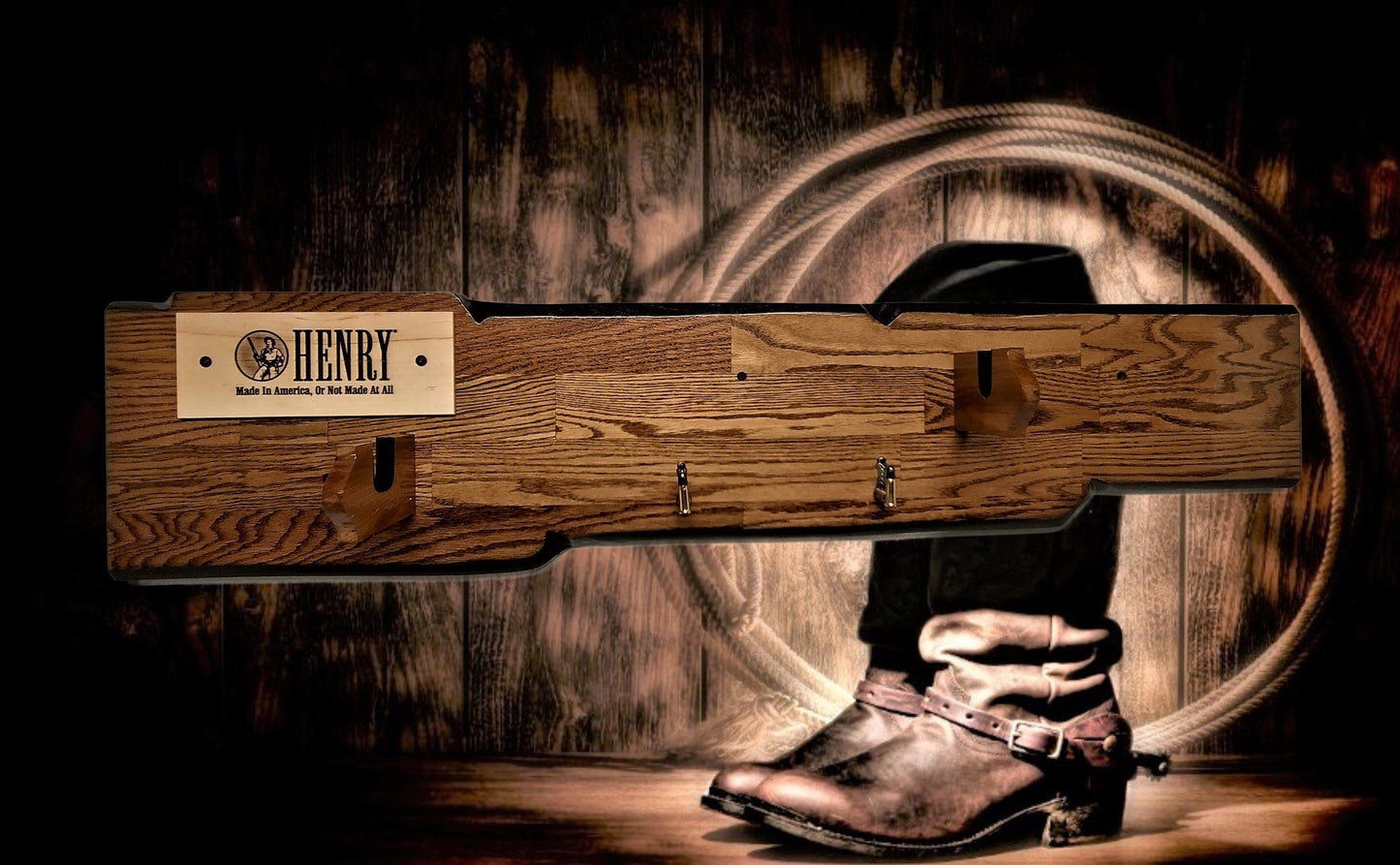 walkerwoodgifts Rustic Oak Henry Gun Rack Display For Lever Action Rifle Faux Live Edge Bullet Hangers Cabin Décor Collectors Gift