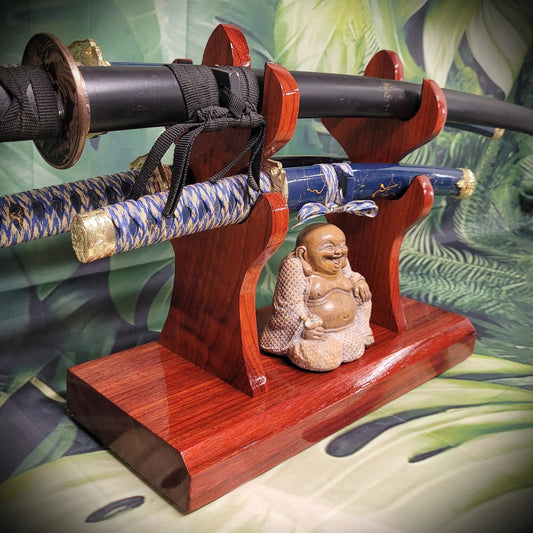walkerwoodgifts sword display 4-Tier Stunning Elevated Padauk Samurai Sword Stand: A Perfect Collector's Gift