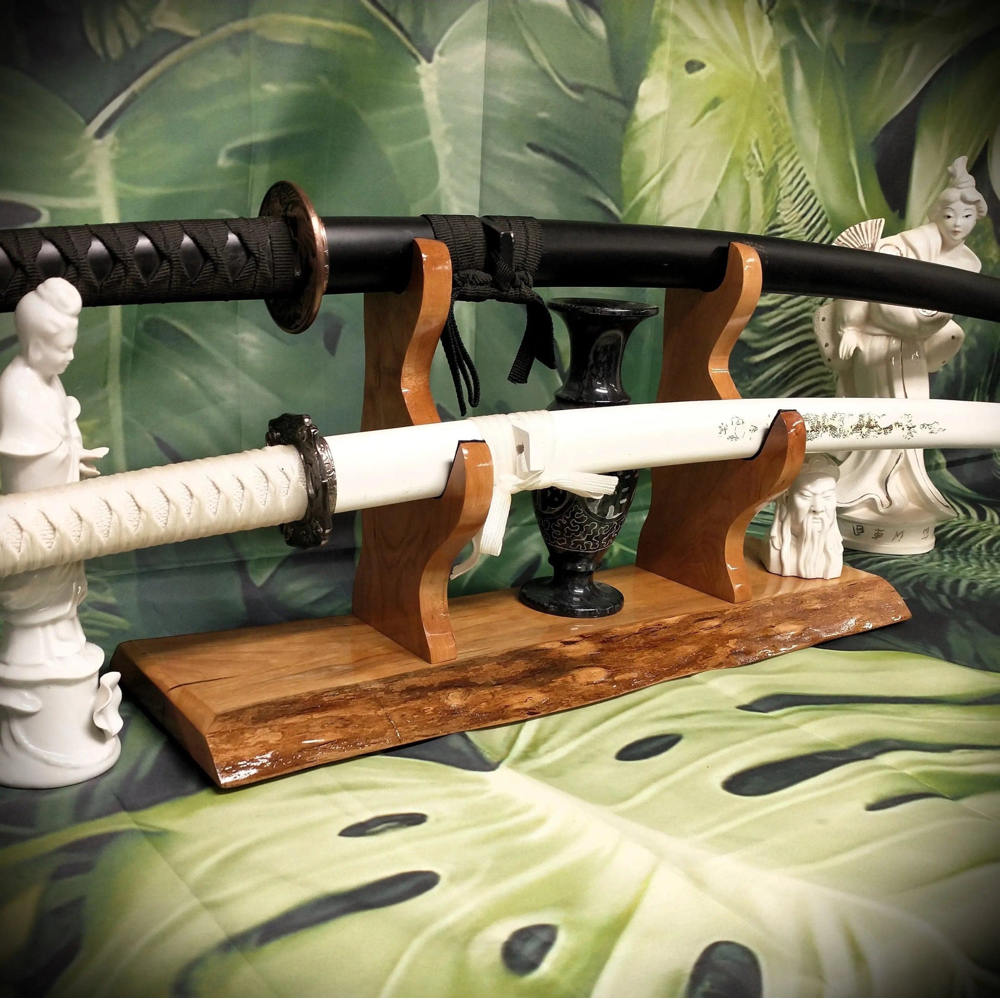 walkerwoodgifts sword display Beautiful Live Edge Cherry Sword Display 2 Tiers of Rustic Elegance for Samurai Enthusiasts
