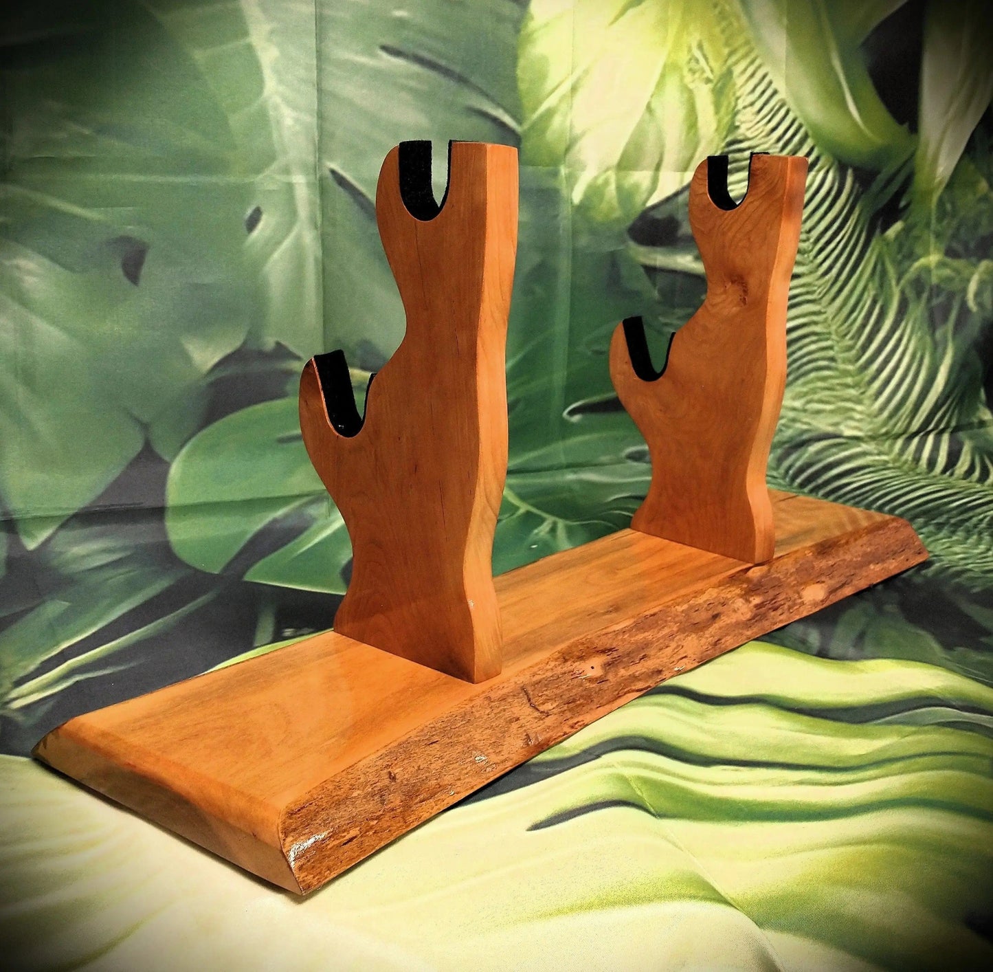 walkerwoodgifts sword display Beautiful Live Edge Cherry Sword Display 2 Tiers of Rustic Elegance for Samurai Enthusiasts