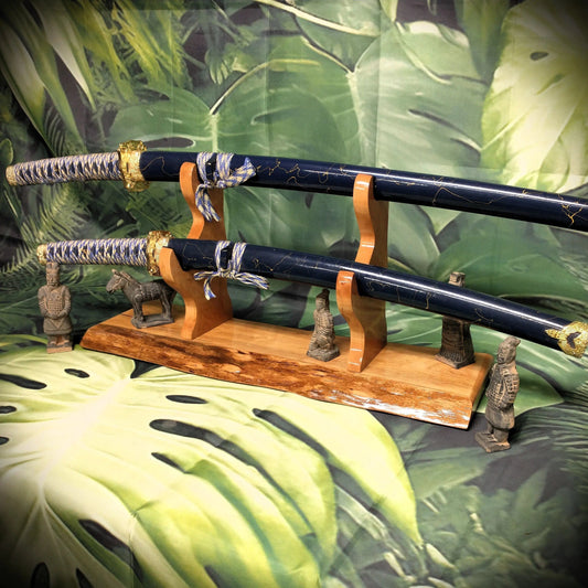 walkerwoodgifts sword display Beautiful Live Edge Cherry Sword Display 2 Tiers of Rustic Elegance for Samurai Enthusiasts