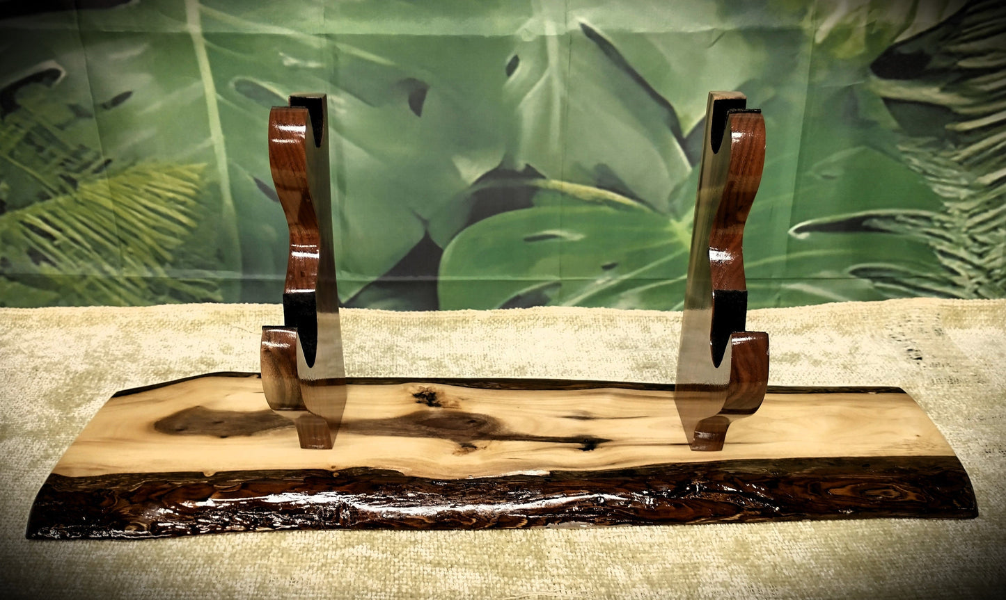 walkerwoodgifts sword display Beautiful Rustic Live Edge Walnut Katana Sword Display Stand Samurai Collectors Gift