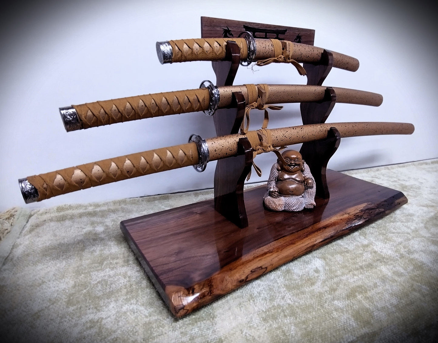 walkerwoodgifts sword display Copy of Beautiful Rustic Live Edge 3 Tier Walnut  Japanese Samurai Display Stand Collectors Gift