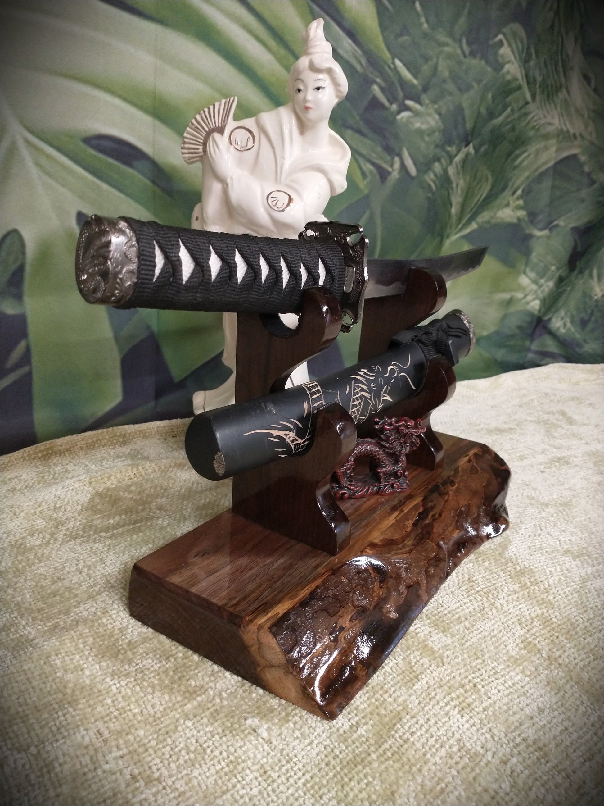 walkerwoodgifts sword display Exotic Live Edge Walnut Blade and Sheath Display Stand Military Samurai Collectors Veterans Gift