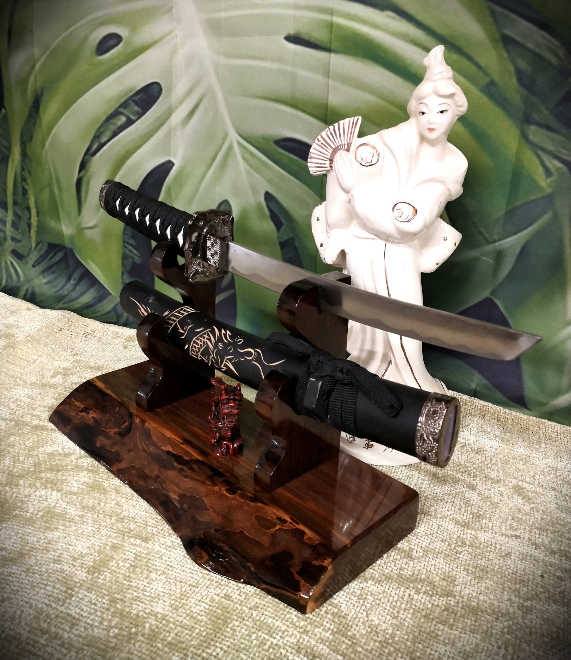 walkerwoodgifts sword display Exotic Live Edge Walnut Blade and Sheath Display Stand Military Samurai Collectors Veterans Gift