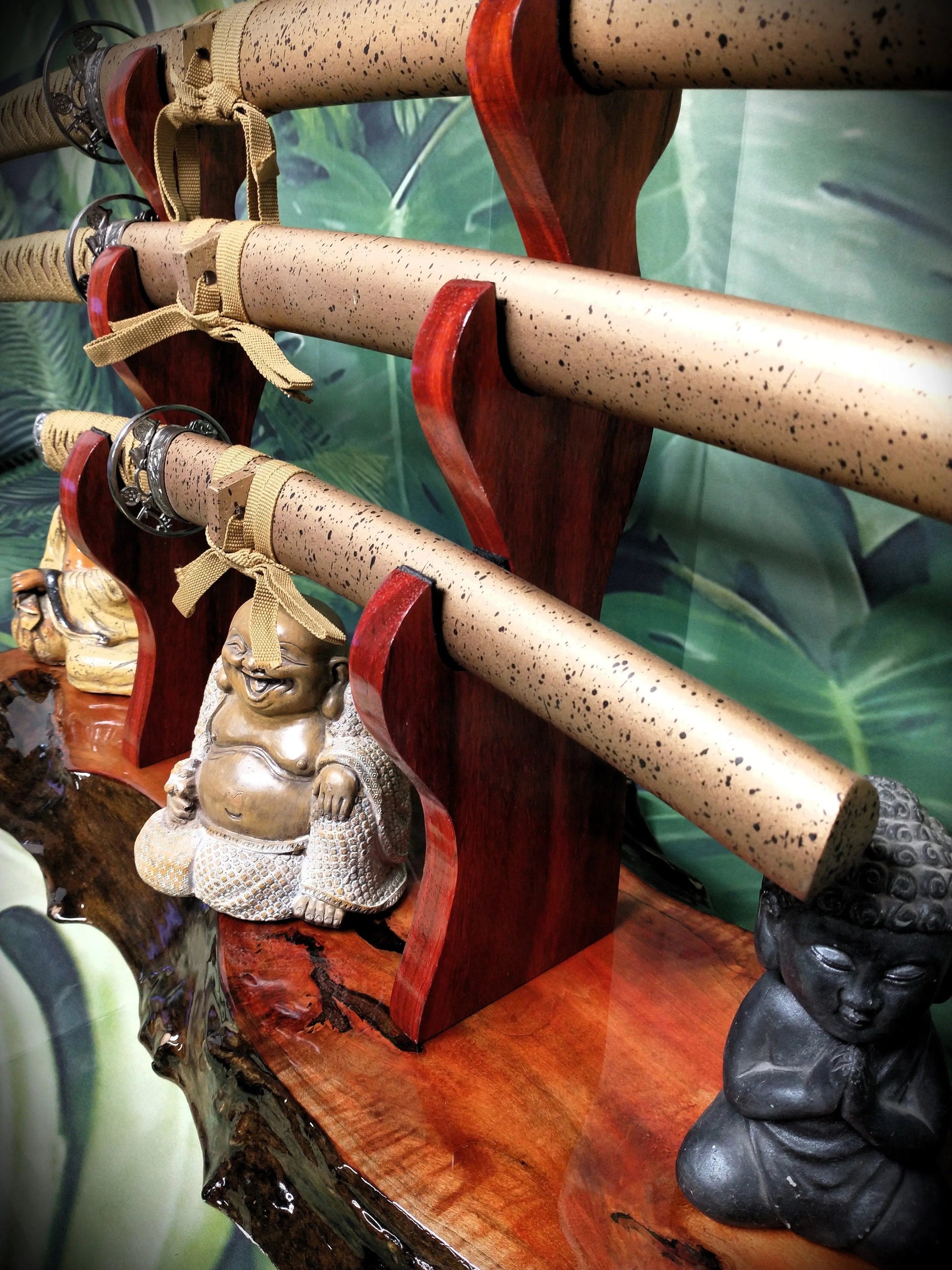 walkerwoodgifts sword display Exquisite 3-Tier Live Edge Figured Maple and Padauk Display Stand Japanese Samurai Sword Collectors Perfect Gift