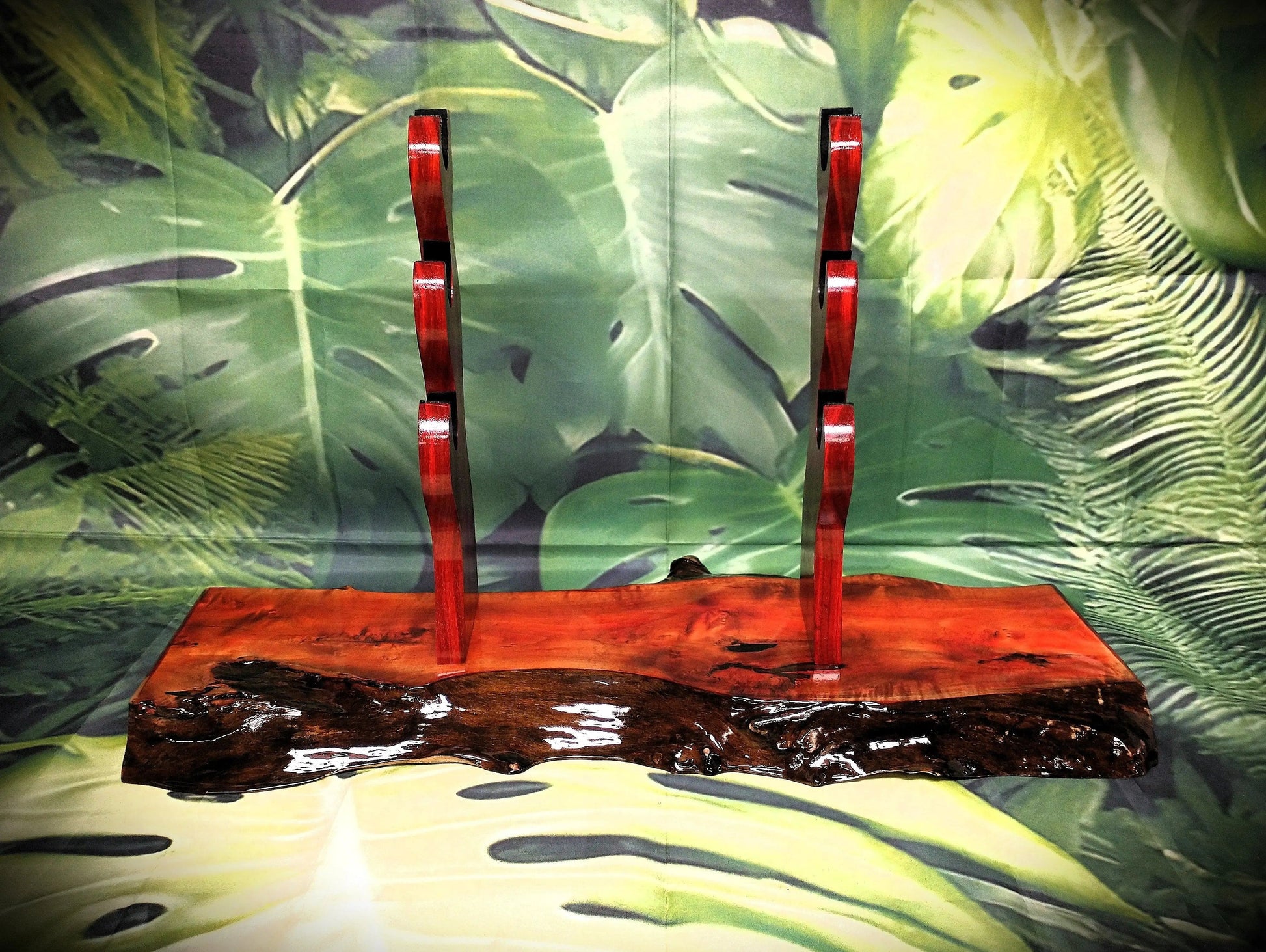walkerwoodgifts sword display Exquisite 3-Tier Live Edge Figured Maple and Padauk Display Stand Japanese Samurai Sword Collectors Perfect Gift