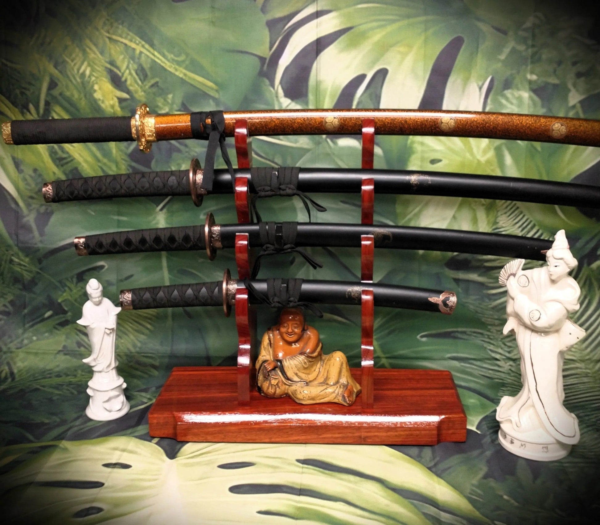 walkerwoodgifts sword display Handmade Beautiful Contoured Padauk Samurai Sword Stand 4-Tier Katana Display