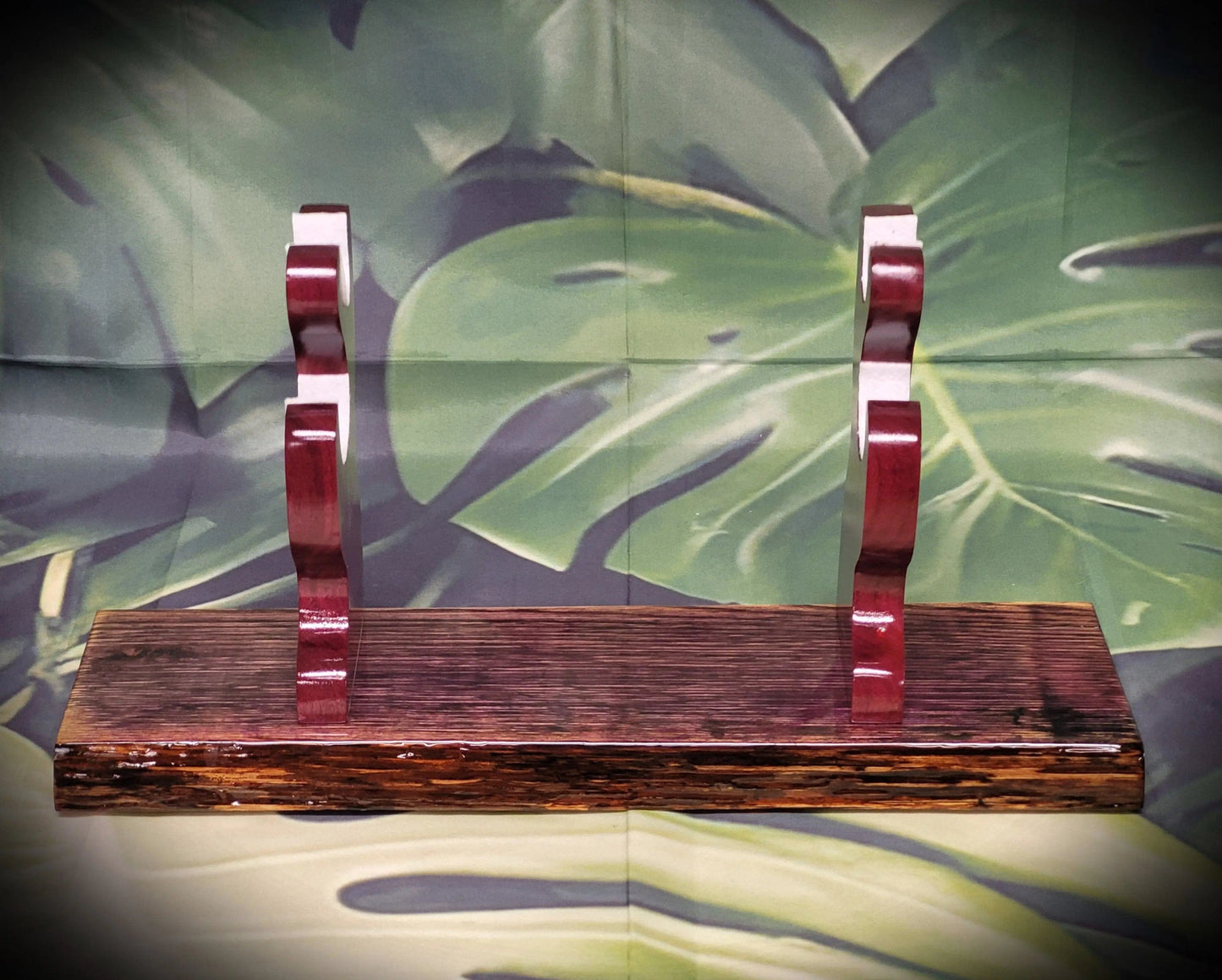 walkerwoodgifts sword display Live Edge Rustic 2 Tier Swamp Oak Purpleheart Kbar Samurai Military Display Gift (Copy)