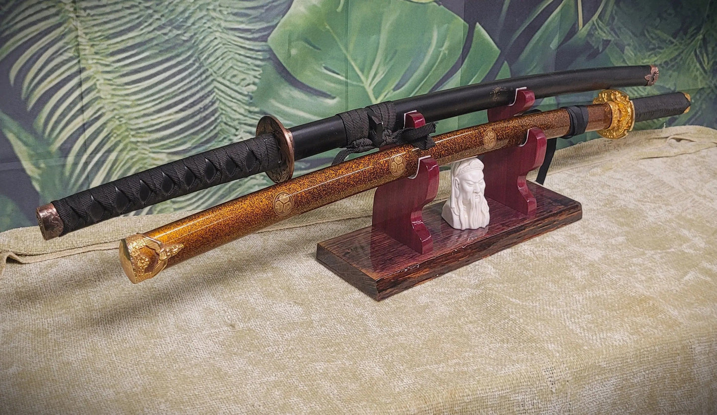 walkerwoodgifts sword display Live Edge Rustic 2 Tier Swamp Oak Purpleheart Kbar Samurai Military Display Gift (Copy)