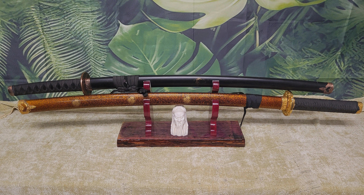 walkerwoodgifts sword display Live Edge Rustic 2 Tier Swamp Oak Purpleheart Kbar Samurai Military Display Gift (Copy)