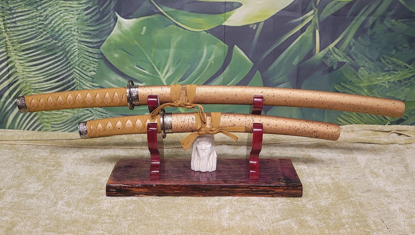 walkerwoodgifts sword display Live Edge Rustic 2 Tier Swamp Oak Purpleheart Kbar Samurai Military Display Gift (Copy)