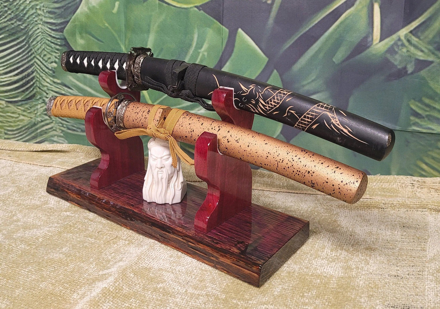 walkerwoodgifts sword display Live Edge Rustic 2 Tier Swamp Oak Purpleheart Kbar Samurai Military Display Gift (Copy)